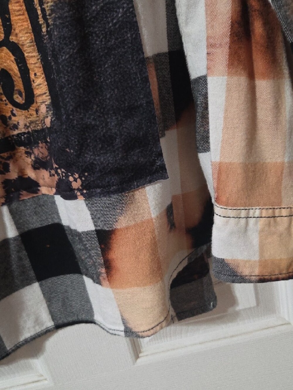 George Plaid Button-Down Flannel Shirt - Black, White & Brown Hand Bleached - Picture 8 of 12